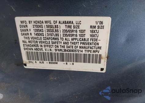 2006 Honda Odyssey Ex z USA, uszkodzony, nr VIN 5FNRL38436B057214
